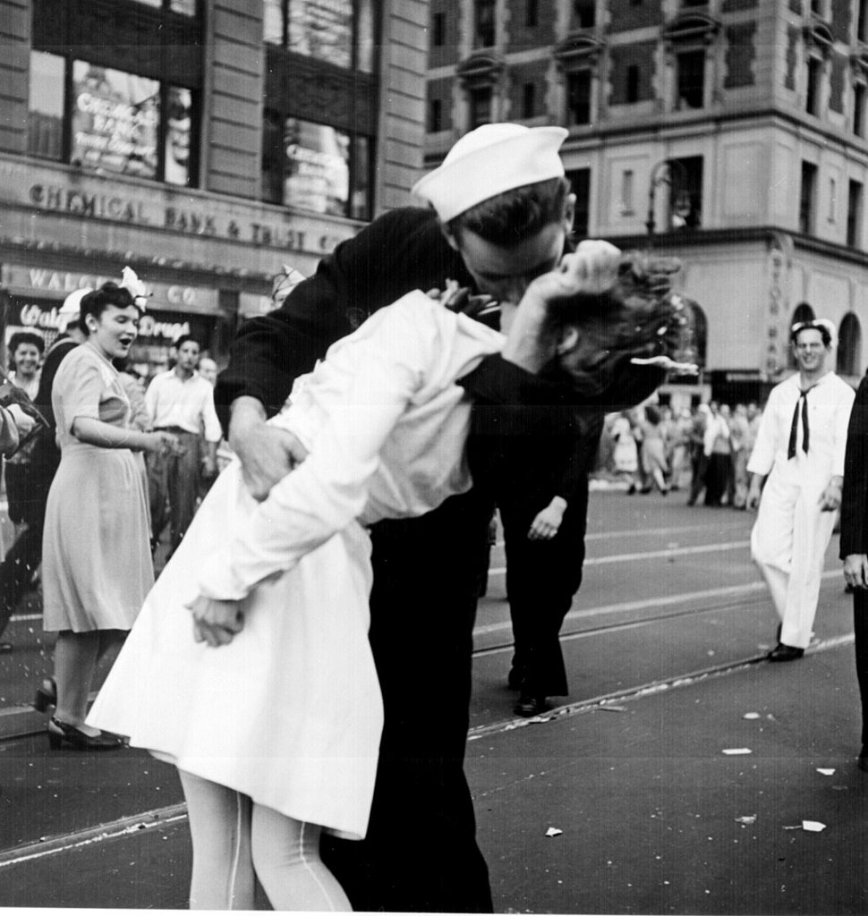 An American sailor kissing a young nurse in this iconic photo from V-J Day in Times Square on Aug. 14, 1945.
An American sailor kissing a young nurse in this iconic photo from V-J Day in Times Square on Aug. 14, 1945.