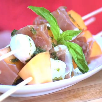 Melon, Mozzarella, and Serrano Ham Skewers Melon, Mozzarella, and Serrano Ham Skewers