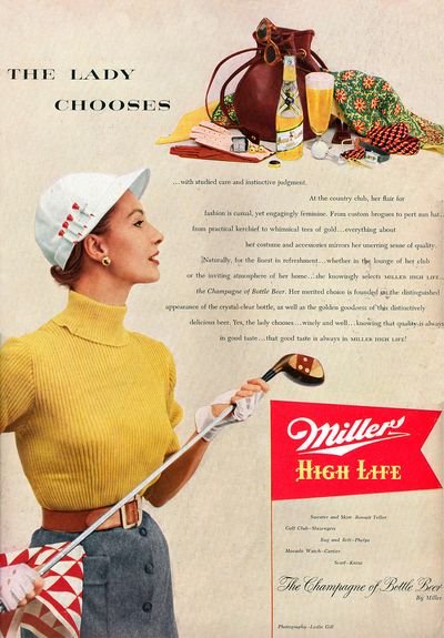 The lady chooses golf and beer.
The lady chooses golf and beer.