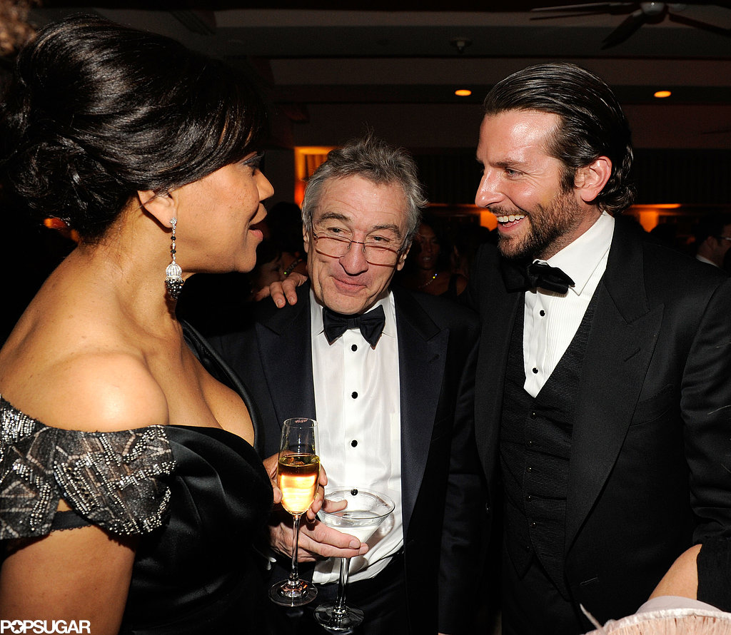 Bradley Cooper and Robert De Niro stuck together while they talked to Grace Hightower inside the Vanity Fair afterparty on Oscars Sunday.
Bradley Cooper and Robert De Niro stuck together while they talked to Grace Hightower inside the Vanity Fair afterparty on Oscars Sunday.