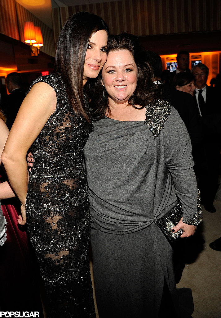 Sandra Bullock smiled with Melissa McCarthy at the afterparty in Hollywood on Sunday night.
Sandra Bullock smiled with Melissa McCarthy at the afterparty in Hollywood on Sunday night.
