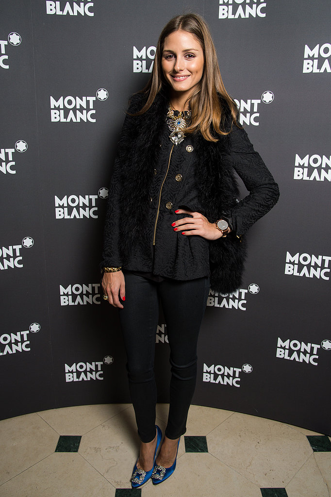 Olivia went casual with a glamorous twist, adding a jeweled statement necklace and a pair of embellished blue Manolo Blahnik heels to her all-black look at a Montblanc dinner in Switzerland in January.
Olivia went casual with a glamorous twist, adding a jeweled statement necklace and a pair of embellished blue Manolo Blahnik heels to her all-black look at a Montblanc dinner in Switzerland in January.
