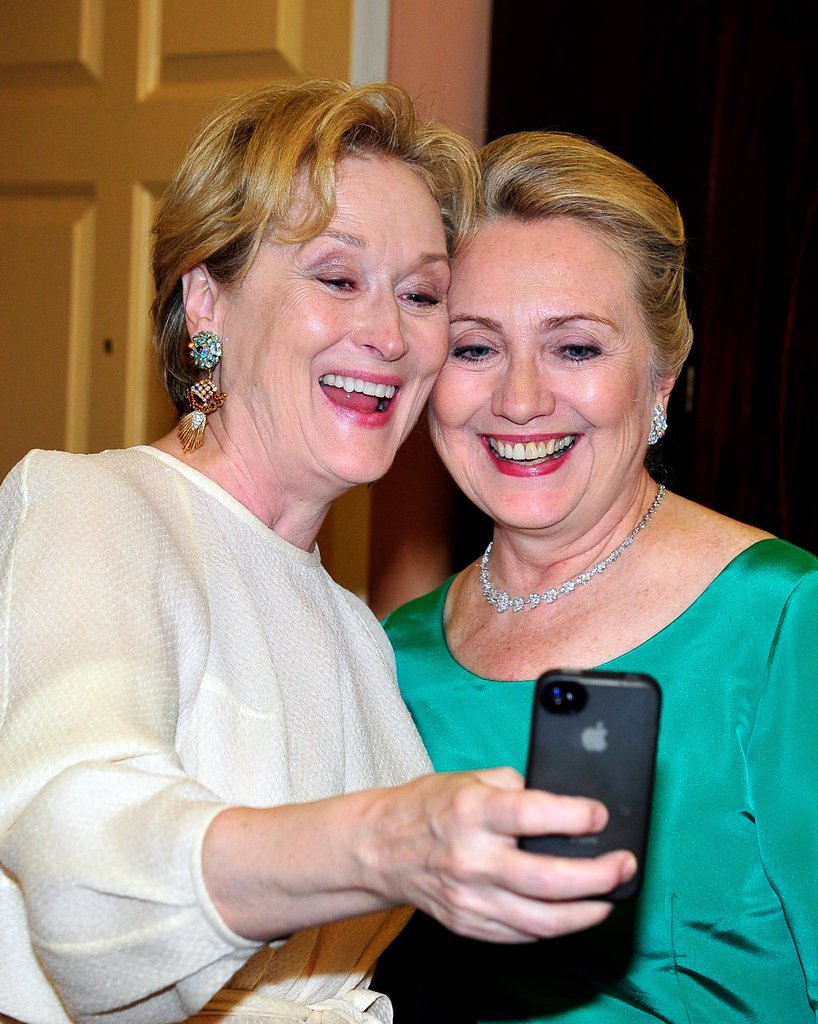 Meryl Streep couldn't pass up an opportunity to take a selfie with Hillary Clinton during the Kennedy Center Honors in December 2012.
Meryl Streep couldn't pass up an opportunity to take a selfie with Hillary Clinton during the Kennedy Center Honors in December 2012.