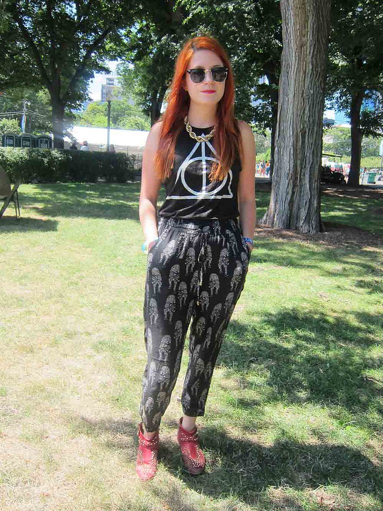 What's black and white and red all over? Karee's festival look, which included Zara horse-print slouchy pants and red studded booties also from Zara. The printed shirt? Handmade!
What's black and white and red all over? Karee's festival look, which included Zara horse-print slouchy pants and red studded booties also from Zara. The printed shirt? Handmade!