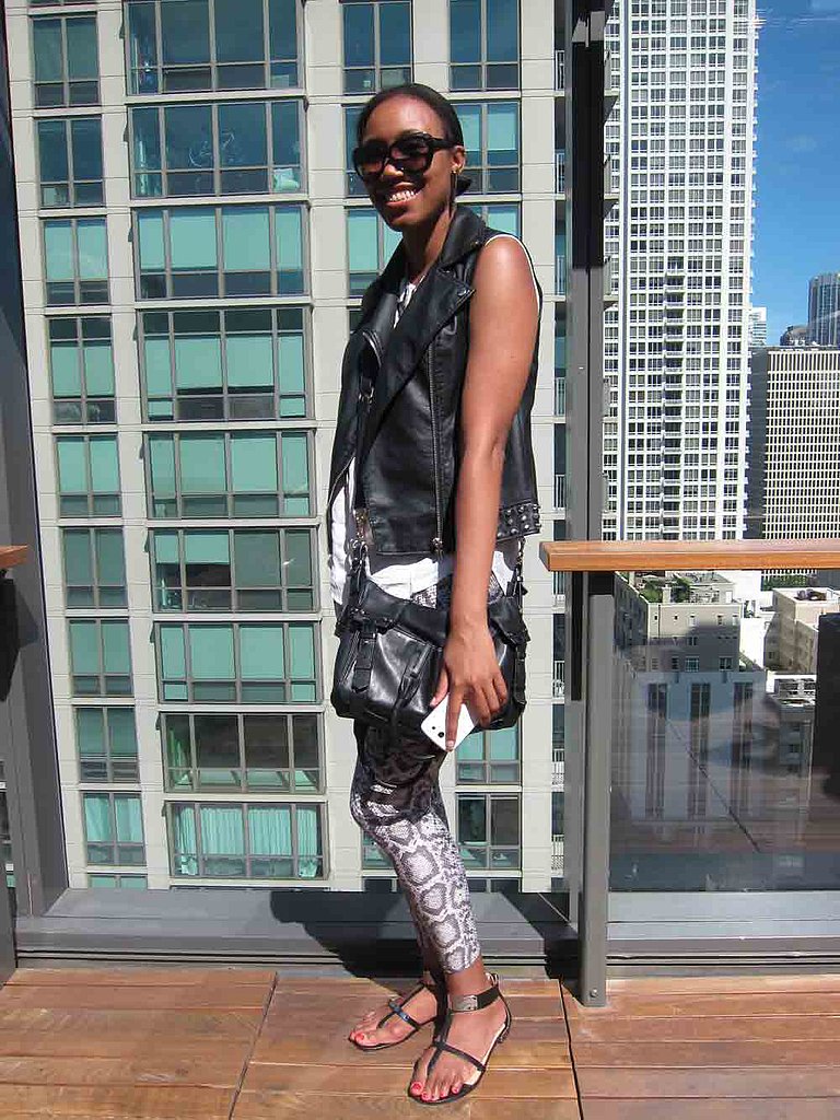 Taneisha channeled a cool-girl biker chic at the MAC Lollapalooza party. Along with a Forever 21 sleeveless moto vest and snakeskin leggings, she kept things cool with a Vince Camuto bag and Prabal Gurung for Target sandals.
Taneisha channeled a cool-girl biker chic at the MAC Lollapalooza party. Along with a Forever 21 sleeveless moto vest and snakeskin leggings, she kept things cool with a Vince Camuto bag and Prabal Gurung for Target sandals.