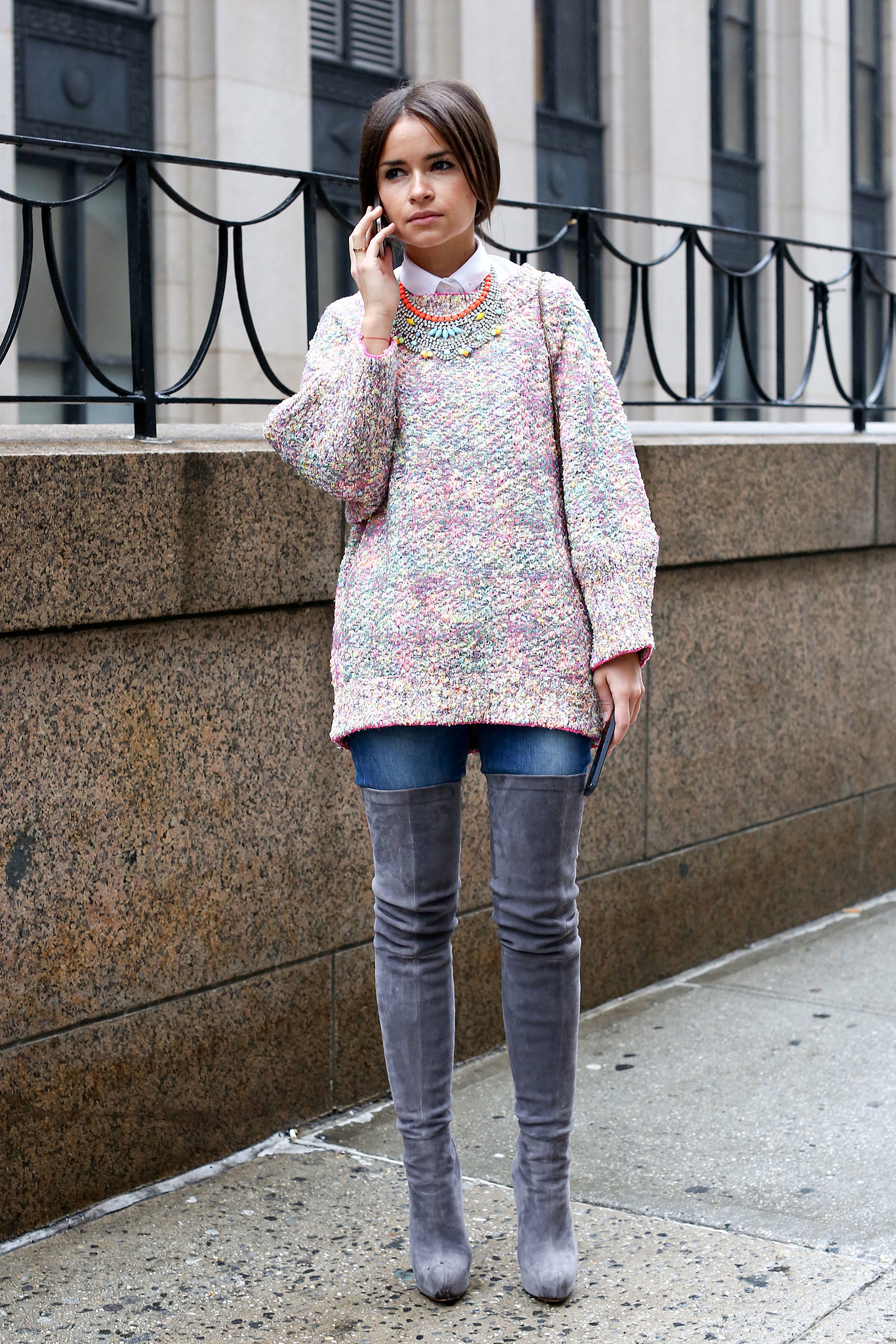 Miroslava Duma added some serious wow factor to a soft sweater with over-the-knee boots.
