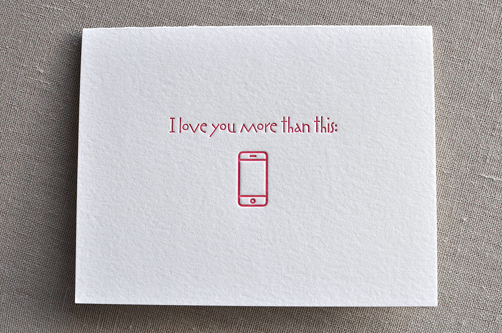 Apple fans see their latest iPhone as precious cargo, so to receive an I love you more than this ($6) card is worth its weight in gold.
Apple fans see their latest iPhone as precious cargo, so to receive an I love you more than this ($6) card is worth its weight in gold.