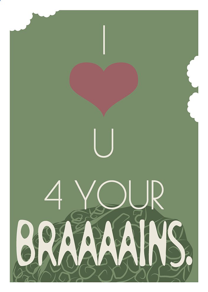Show the softer side of your zombie self with this romantic (?) love you for your brains card ($3).
Show the softer side of your zombie self with this romantic (?) love you for your brains card ($3).