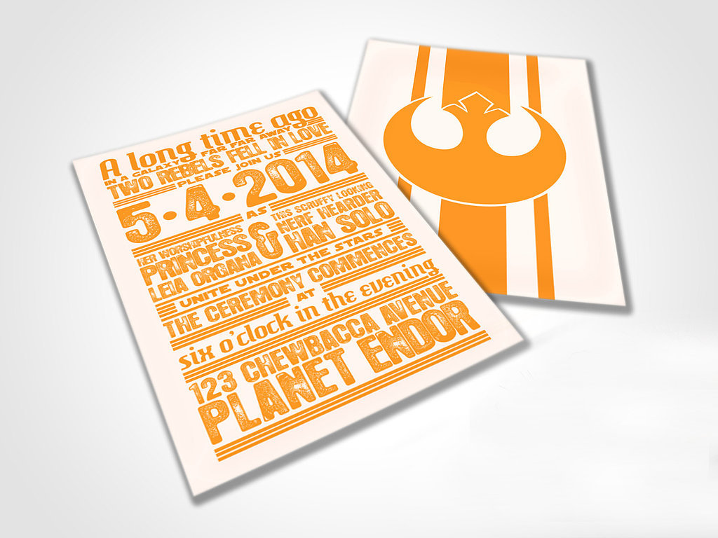 Star Wars-themed "rebels in love" wedding invites ($50 for digital file)? Done and done.
Star Wars-themed "rebels in love" wedding invites ($50 for digital file)? Done and done.