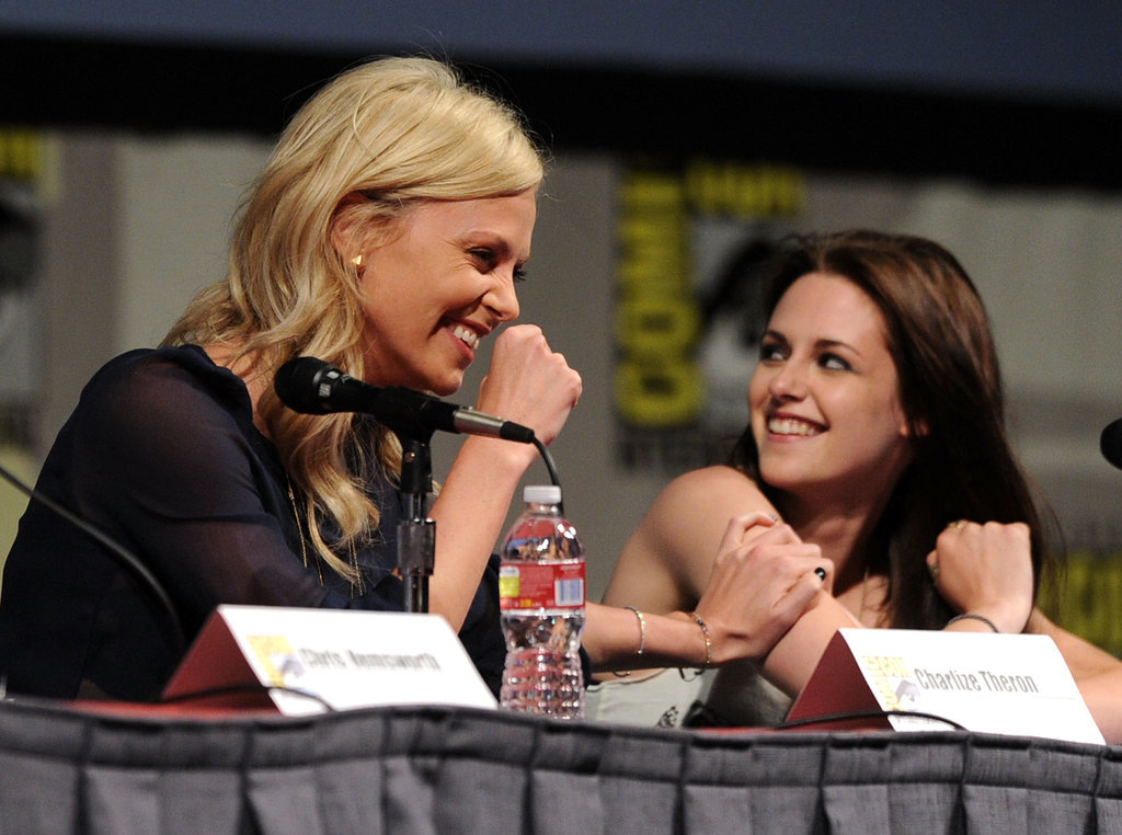 Charlize Theron and Kristen Stewart shared a laugh during the Snow White and the Huntsman panel discussion in 2011.
Charlize Theron and Kristen Stewart shared a laugh during the Snow White and the Huntsman panel discussion in 2011.