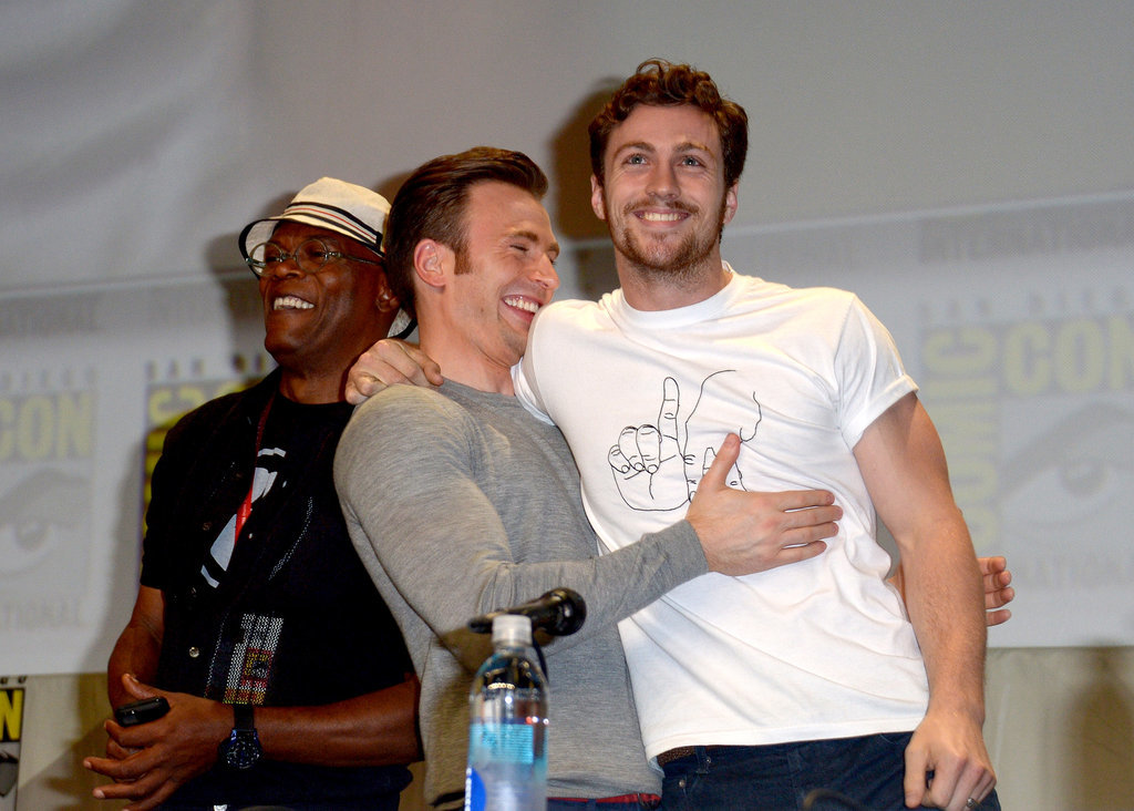 Samuel L. Jackson, Chris Evans, and Aaron Taylor-Johnson were in great spirits at the Marvel panel on Saturday.
Samuel L. Jackson, Chris Evans, and Aaron Taylor-Johnson were in great spirits at the Marvel panel on Saturday.