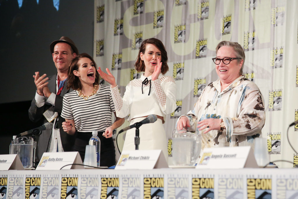 Emma Roberts, Sarah Paulson, and Kathy Bates had a special moment while discussing American Horror Story: Coven on Saturday.
Emma Roberts, Sarah Paulson, and Kathy Bates had a special moment while discussing American Horror Story: Coven on Saturday.