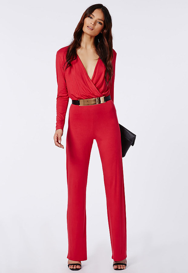 Missguided Long Sleeved Wrap Wide Leg Jumpsuit Red