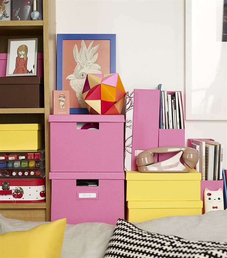 Shelves and boxes serve double-duty as both storage and decorative