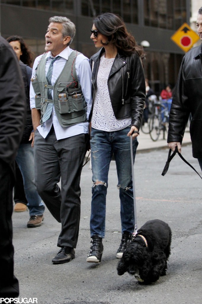 Amal and EINSTEIN!!! (and a blonde pooch) visit George on set, 4-12-15 Amal-Alamuddin-Visits-George-Clooney-Set-His-Dog