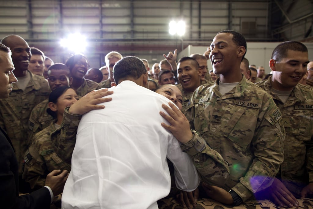 When he hugged troops at the Bagram Airfield in Afghanistan