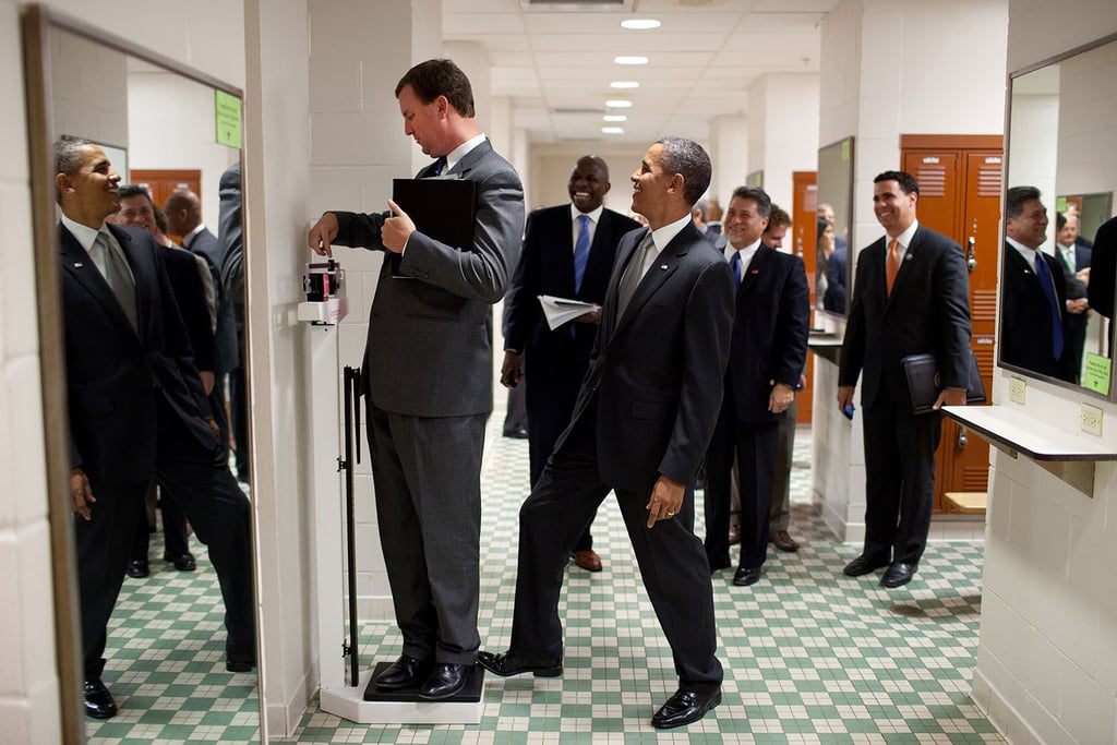When his trip director weighed himself at the University of Texas and Obama stepped on the scale for laughs