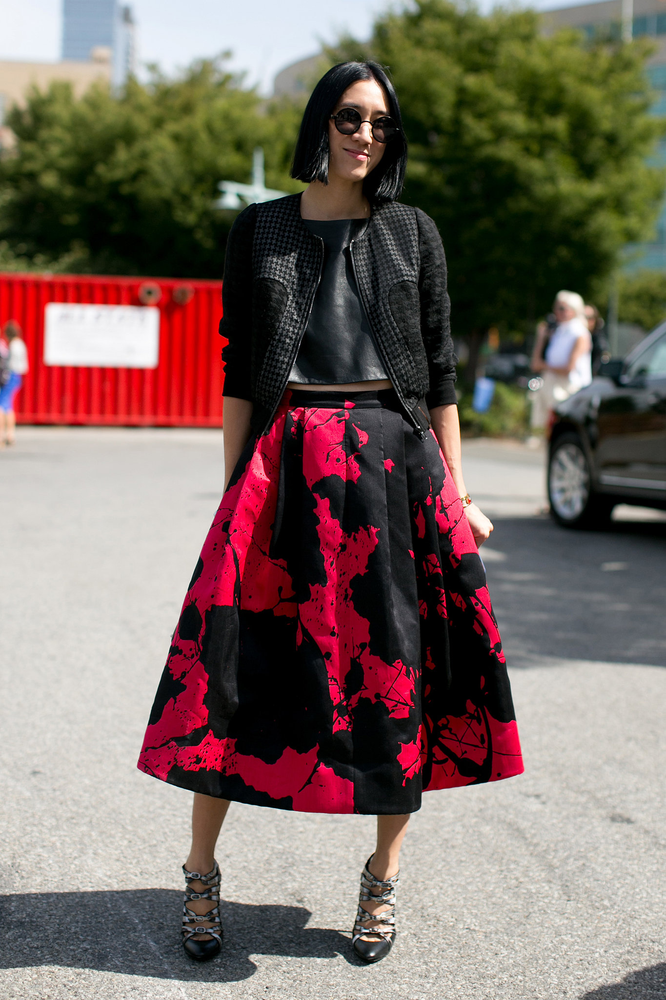 Eva Chen paired her girlie-cool Tibi skirt with a perforated jacket ...