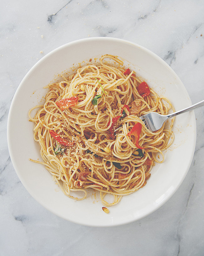 Spaghetti With Bacon, Tomatoes, Chiles, and Pine Nuts POPSUGAR Food