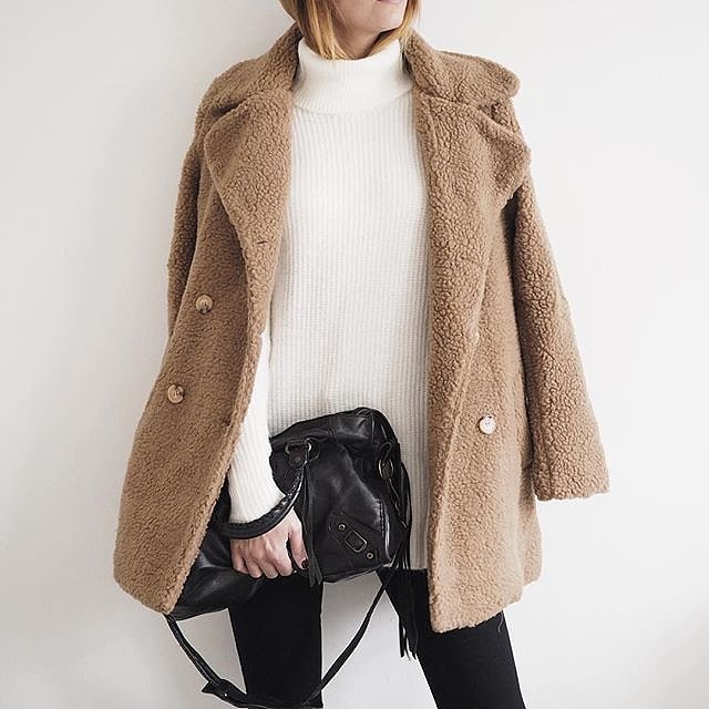 Wear a camel teddy coat with neutrals