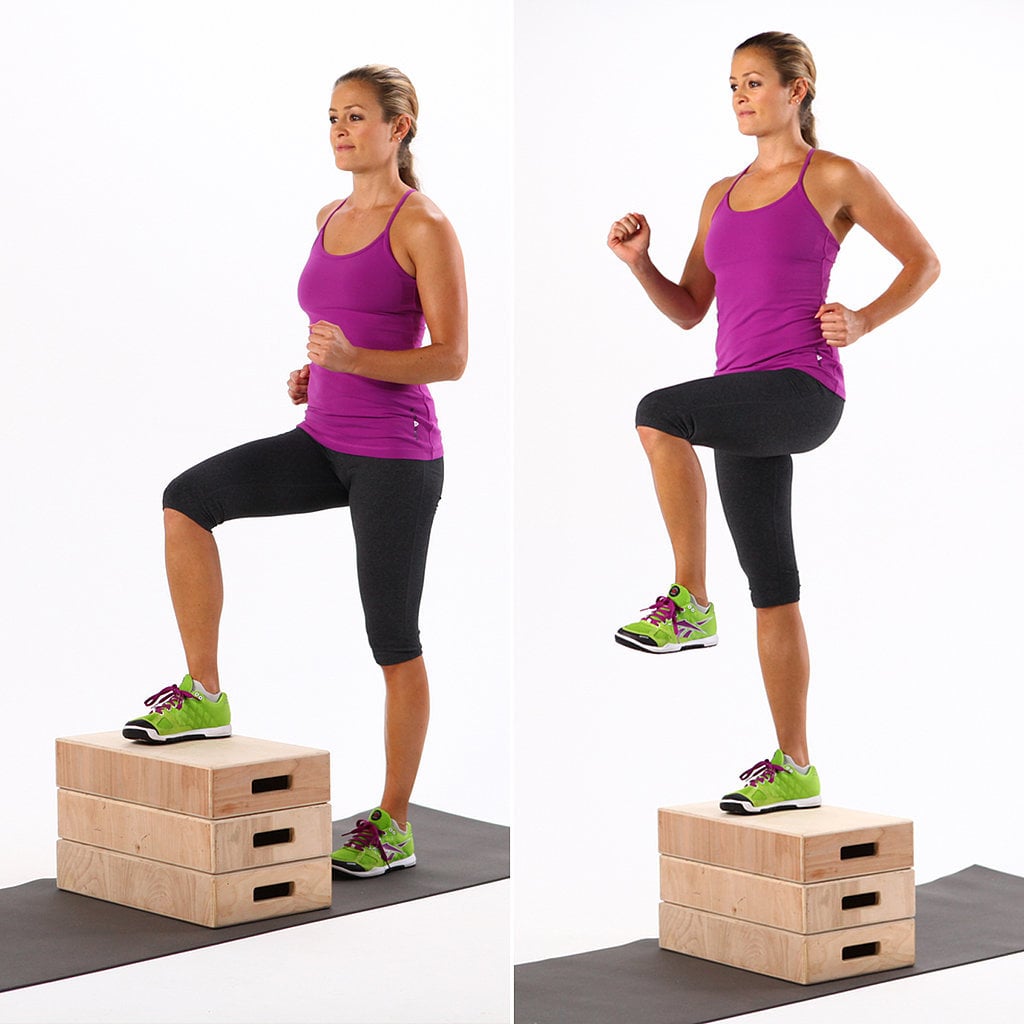 woman demonstrating how to do step-ups exercise on a block